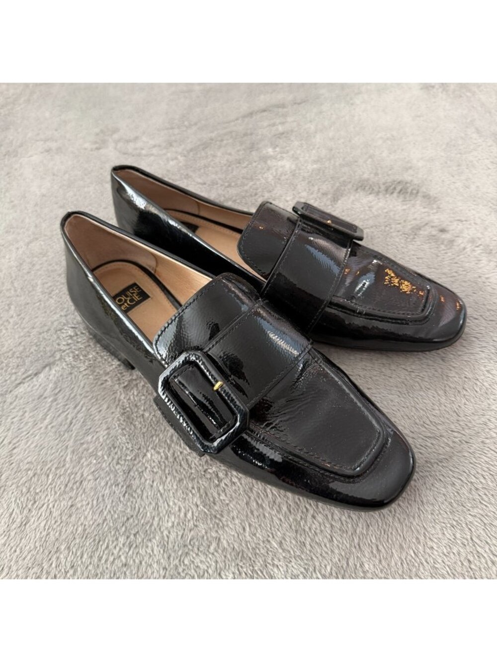 Louise Et Cie Black Patent Leather Square Toe Loafers Shoes 7.5 Buckle Witchy
